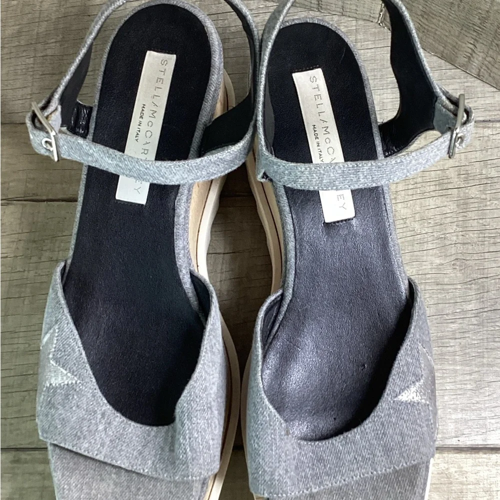 STELLA MCCARTNEY Striped‎ Star Gray Denim Platform Sandals Sz 38 1/2
